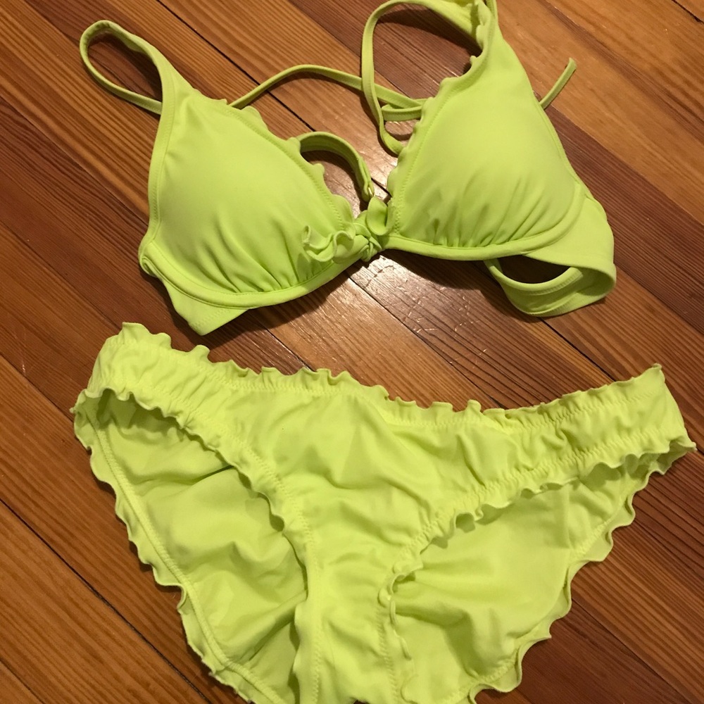 Neon citron ruffle trim bikini